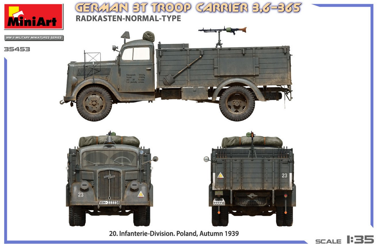 Esquema de camuflaje de la 20 Division de Infanteria alemana de la maqueta del Opel Blitz 3 Toneladas a 1:35 de Miniart con referencia 35453
