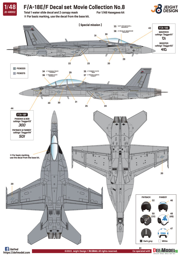 Decoración 2 del set para aviones FA-18 E/F de la película Top Gun en escala 1:48 del fabricante Def Model referencia JD48002