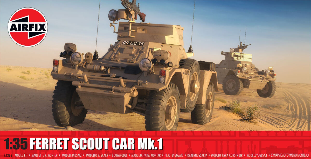 Portada de la caja de la maqueta del Ferret Scout Car Mk.1 en escala 1:35 de Airfix referencia 1386