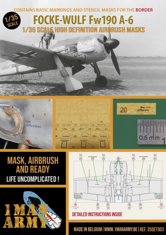 Hoja de máscaras para caza alemán FW-190A6 en escala 1:35 de Border del fabricante 1 Man Army referencia 35DET003