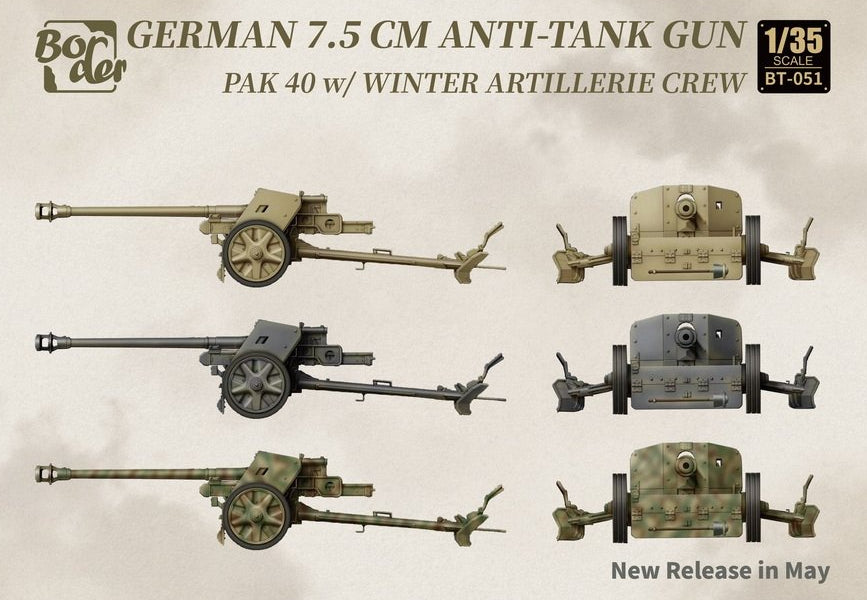 Posibles camuflajes del cañón alemán anticarro Pak40 de 75mm con 3 figuras de artilleros en invierno en escala 1:35 de Border Model referencia BT056