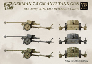 Posibles camuflajes del cañón alemán anticarro Pak40 de 75mm con 3 figuras de artilleros en invierno en escala 1:35 de Border Model referencia BT056