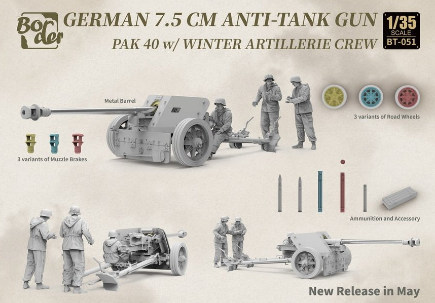 Contenido de la caja del cañón alemán anticarro Pak40 de 75mm con 3 figuras de artilleros en invierno en escala 1:35 de Border Model referencia BT056