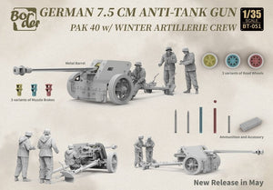 Contenido de la caja del cañón alemán anticarro Pak40 de 75mm con 3 figuras de artilleros en invierno en escala 1:35 de Border Model referencia BT056