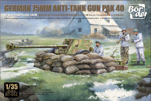 Portada de la caja del cañón alemán anticarro Pak40 de 75mm con 3 figuras de artilleros en invierno en escala 1:35 de Border Model referencia BT056