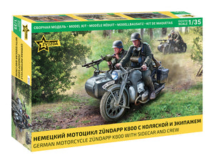 Portada de la caja de la maqueta de la moto alemana con sidecar Zundapp K800 en escala 1:35 de Zvezda referencia 3717