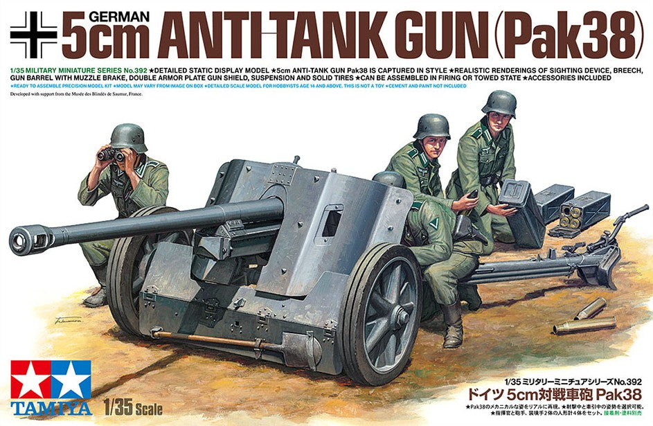 Foto portada de la caja de la maqueta del cañón anticarro PaK38 a escala 1:35 de Tamiya referencia 35392