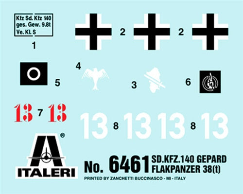 Calcas de la maqueta del vehículo antiaéreo alemán Sd.fz.140 en escala 1:35 de Italeri referencia 6461