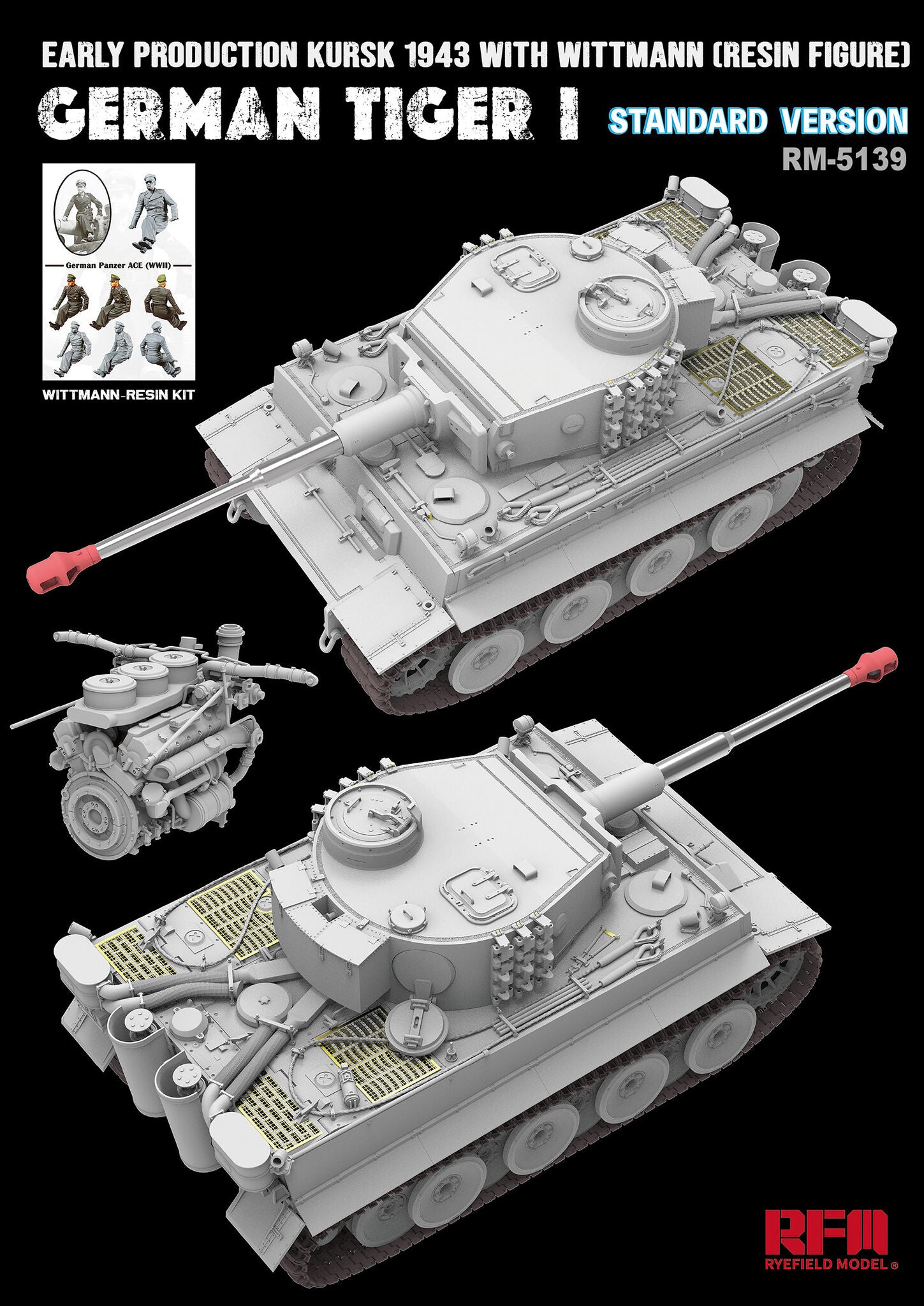 Detalle de la maqueta del taque alemán Tiger I de producción inicial durante la batalla de Kursk, con figura de Wittmann en escala 1:35 de RFM referencia 5139