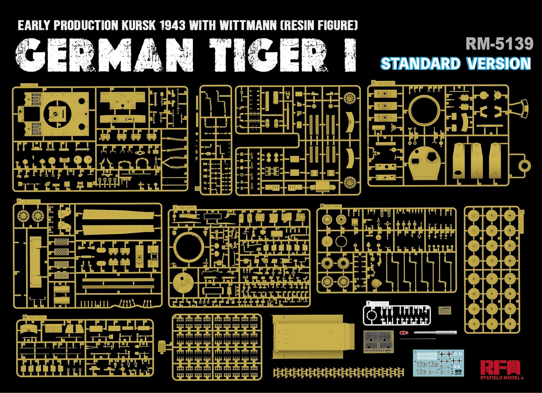 Detalle de las piezas de la maqueta del tanque alemán Tiger I de producción inicial durante la batalla de Kursk, con figura de Wittmann en escala 1:35 de RFM referencia 5139