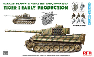 Portada de la caja de la maqueta del tanque alemán Tiger I de producción inicial durante la batalla de Kursk, con figura de Wittmann en escala 1:35 de RFM referencia 5139