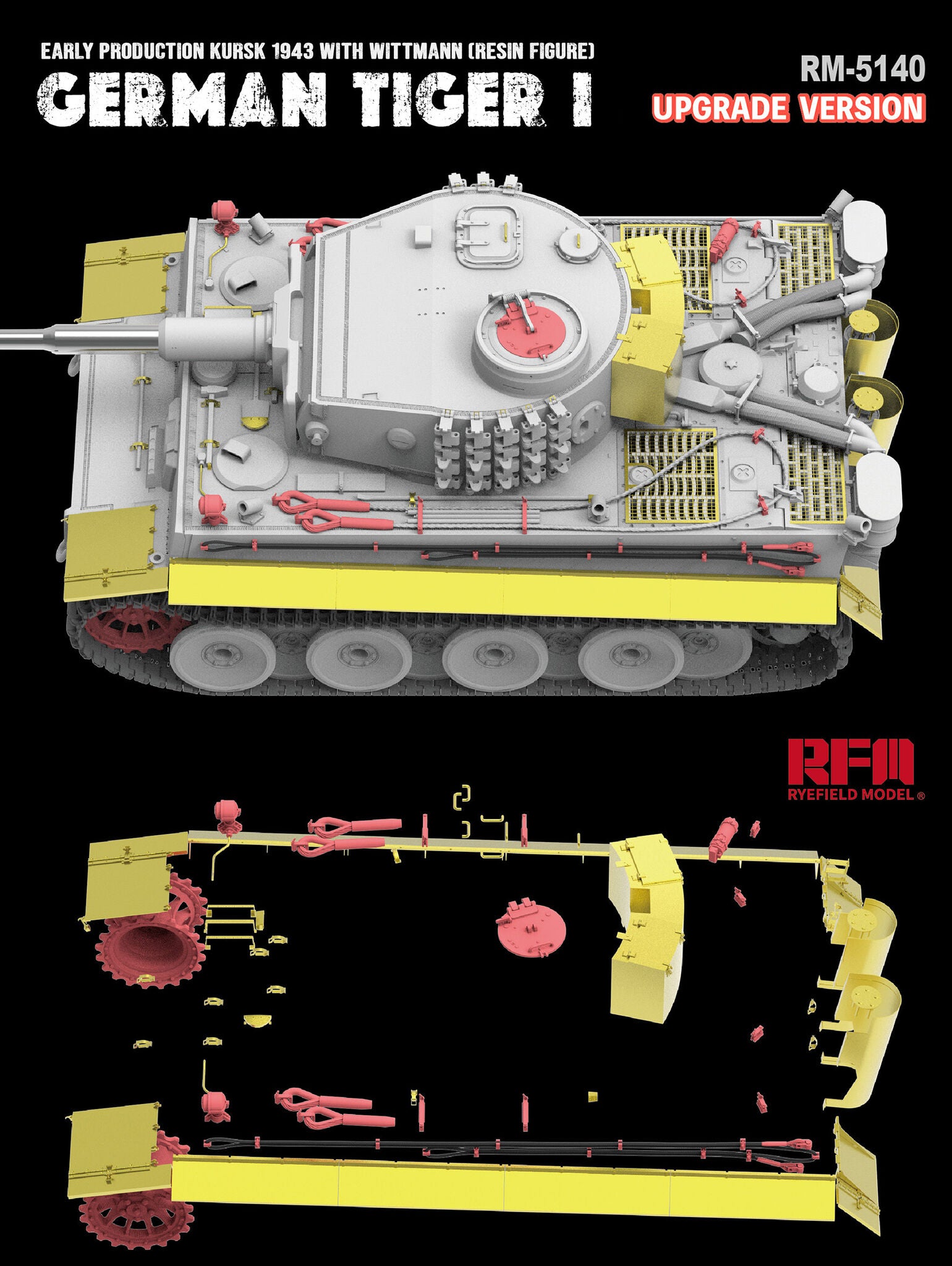 Detalles de fotograbados laterales de la maqueta del taque alemán Tiger I de producción inicial durante la batalla de Kursk, versión upgraded, con figura de Wittmann en escala 1:35 de RFM referencia 5139