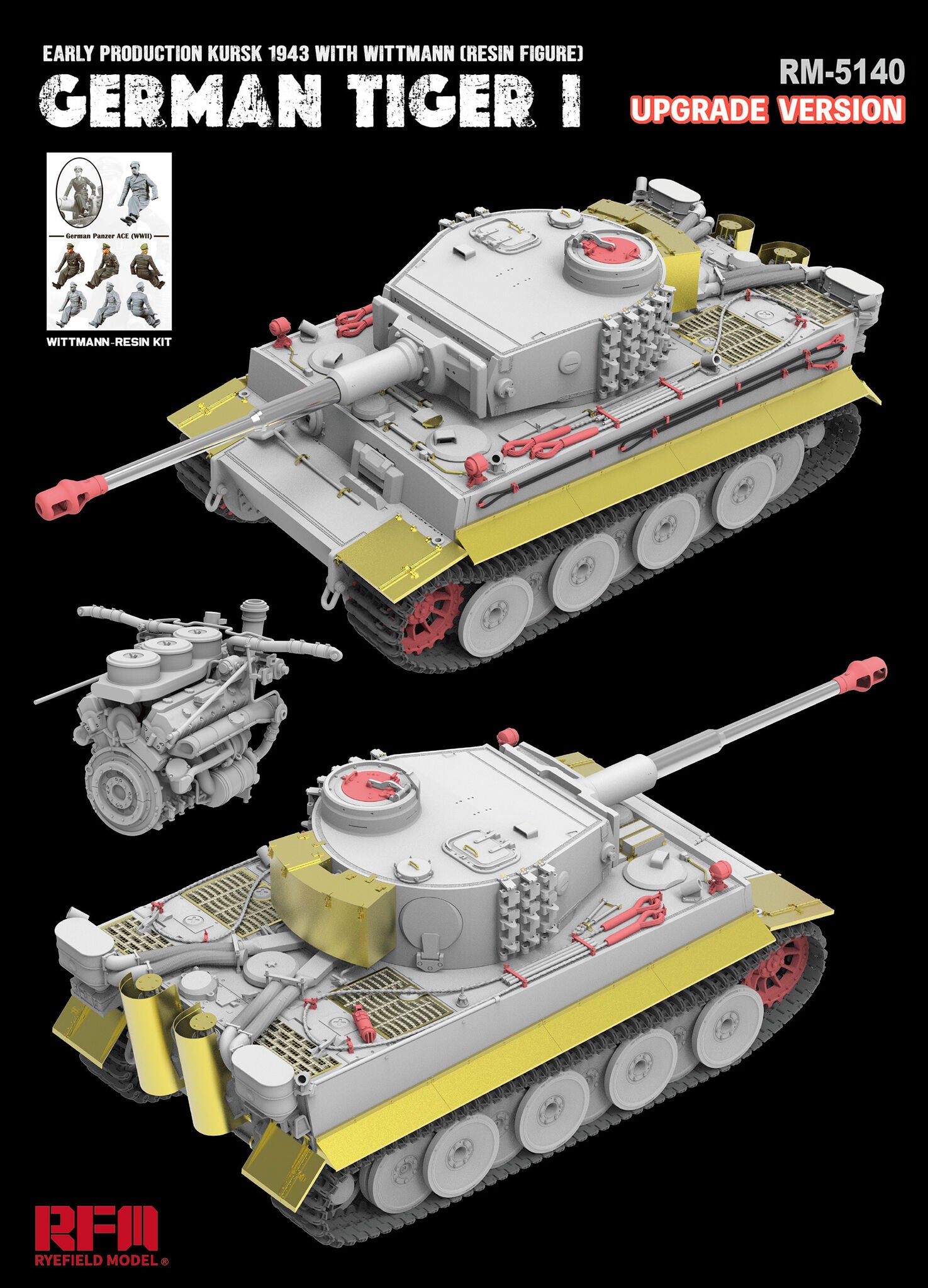 Detalle de la maqueta del taque alemán Tiger I de producción inicial durante la batalla de Kursk, versión upgraded, con figura de Wittmann en escala 1:35 de RFM referencia 5139