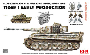 Portada de la caja de la maqueta del tanque alemán Tiger I de producción inicial durante la batalla de Kursk, con figura de Wittmann en escala 1:35 de RFM referencia 5140