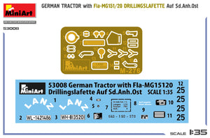 Fotograbados y calcas de la maqueta del tractor alemán con remolque y Fla-MG151 en escala 1:35 de Miniart referencia 53008