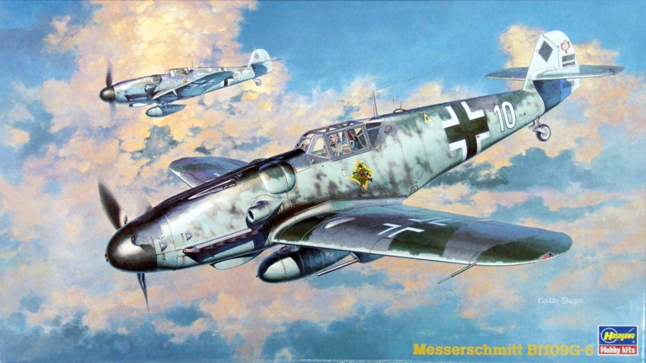 Foto de la portada de la caja de la maqueta del caza alemán Bf-109 G-6 en escala 1:48 de Hasegawa referencia 09147