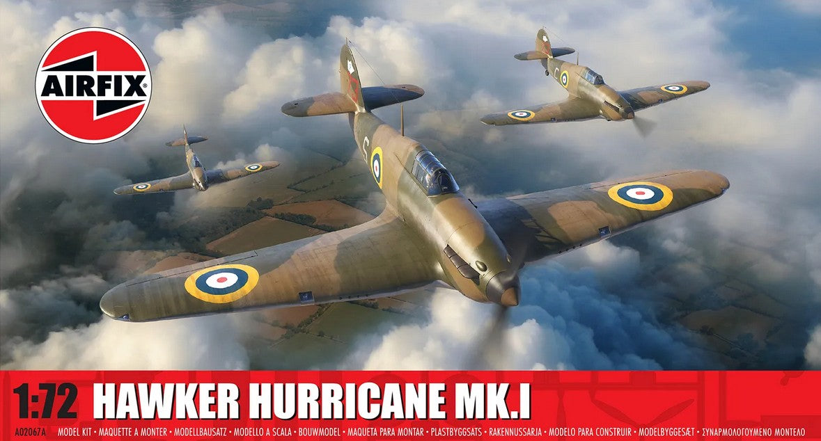 Portada de la caja de la maqueta del caza británico Hawker Hurricane Mk.I en escala 1:72 de Airfix referencia A02067A