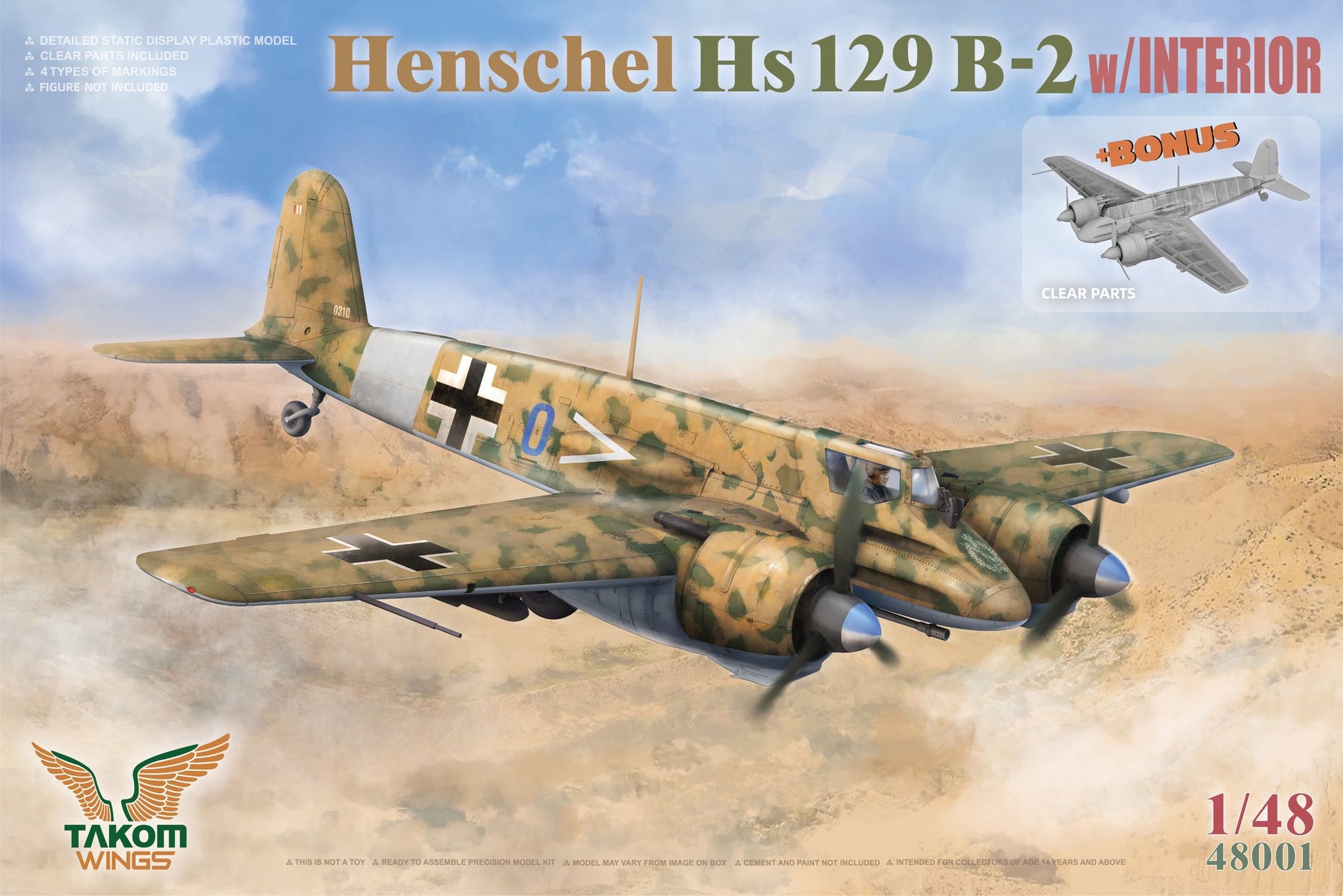 Portada de la caja de la maqueta del avión Hs129 B2 en escala 1:48 de Takom con referencia 48001