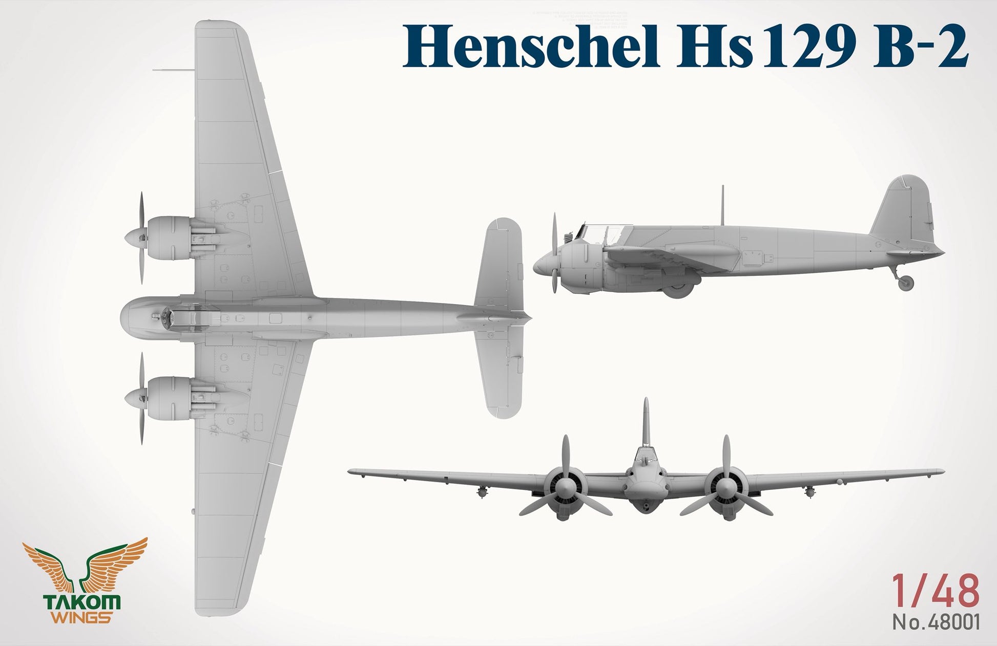 Vistas frontal, inferior y superior de la maqueta del avión Hs129 B2 en escala 1:48 de Takom con referencia 48001
