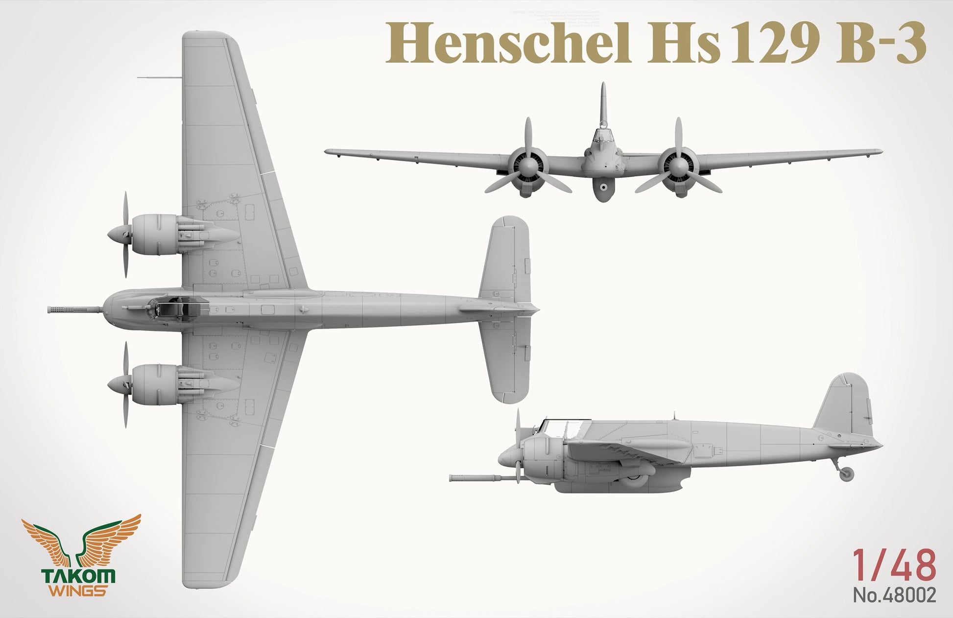 Vistas frontal, inferior y superior de la maqueta del avión Hs129 B3 en escala 1:48 de Takom con referencia 48002