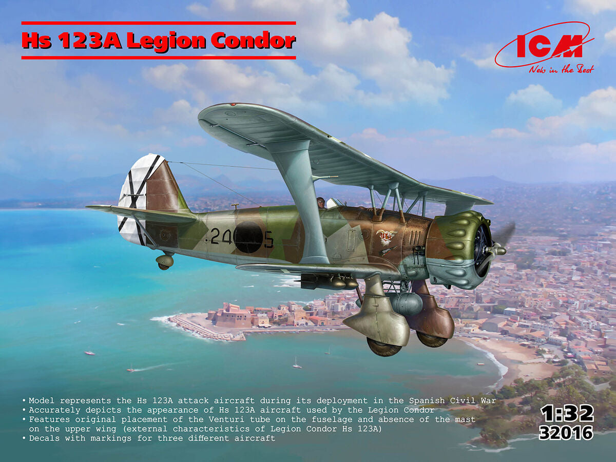 Caja de la maqueta del bombardero ligero alemán que sirvió en el Legión Cóndor durante la Guerra Civil Hs 123 A1 en escala 1:32 de ICM referencia 32016