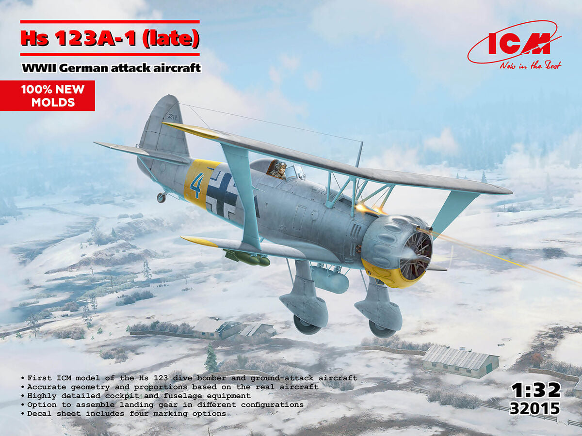 Portada de la caja de la maqueta del avión alemán Hs 123 A-1 en escala 1:32 de ICM referencia 32015