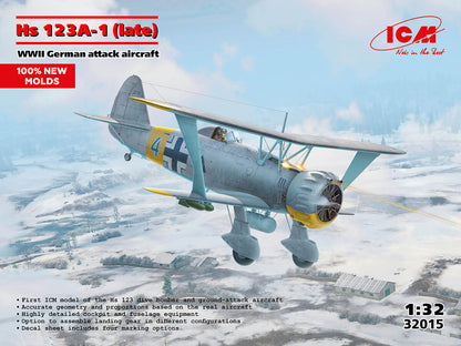 Portada de la caja de la maqueta del avión alemán Hs 123 A-1 en escala 1:32 de ICM referencia 32015