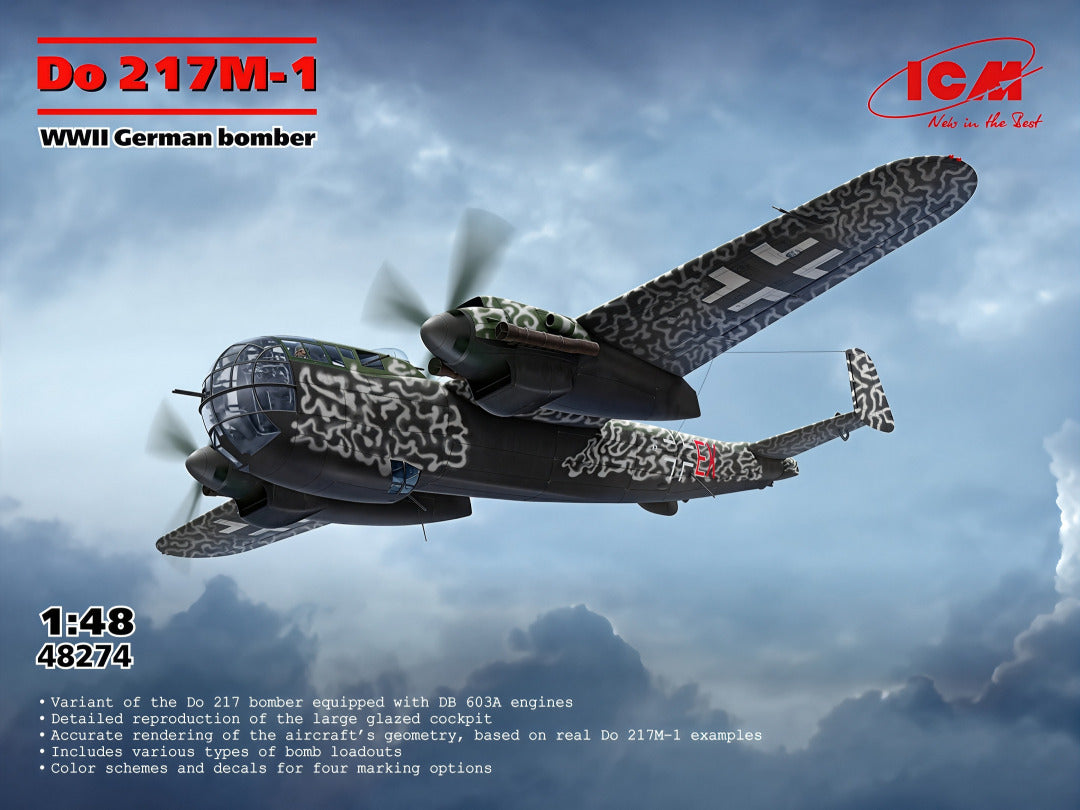 Portada de la caja de la maqueta del bombardero alemán Do 217M1 en escala 1:48 de ICM referencia 48274