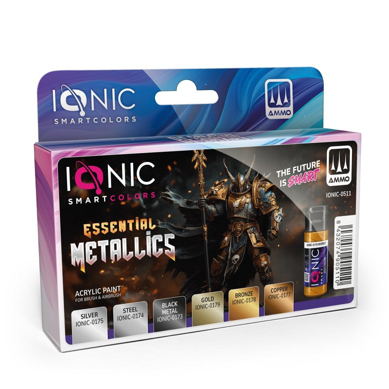 Set de pinturas de colores metálicos para figuras de la serie IONIC de Ammo con referencia 0511