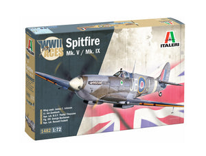 Portada de la caja de la maqueta del caza Spitfire Mk.V o Mk.IX en escala 1:72 de Italeri referencia 1482
