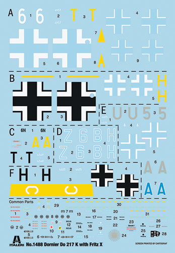 Calcas de la maqueta del bombardero alemán Dornier Do 217 K1/K2 en escala 1:72 de Italeri referencia 1488