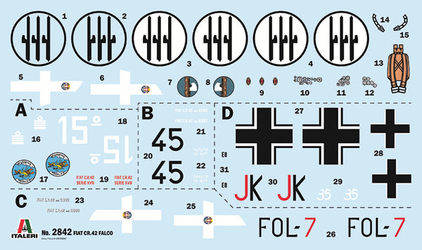 Calcas de la maqueta del caza italiano CR.42 Falco en escala 1:48 de Italeri referencia 2842