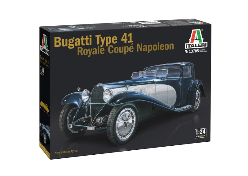 Portada de la caja de la maqueta del Bugatti Tipo 41 Royale Coupé Napoleón en escala 1:24 de Italeri referencia 3705