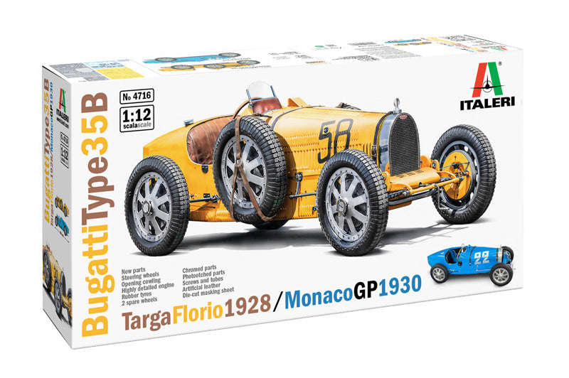 Portada de la caja de la maqueta del Bugatti Type 35B de Fórmula 1 de 1928 en escala 1:12 de Italeri referencia 4716