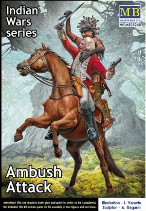 Portada de la caja de la maqueta de las figuras de un oficial británico a caballo y un guerrero indio atacándole en escala 1:35 de Master Box referencia 35248