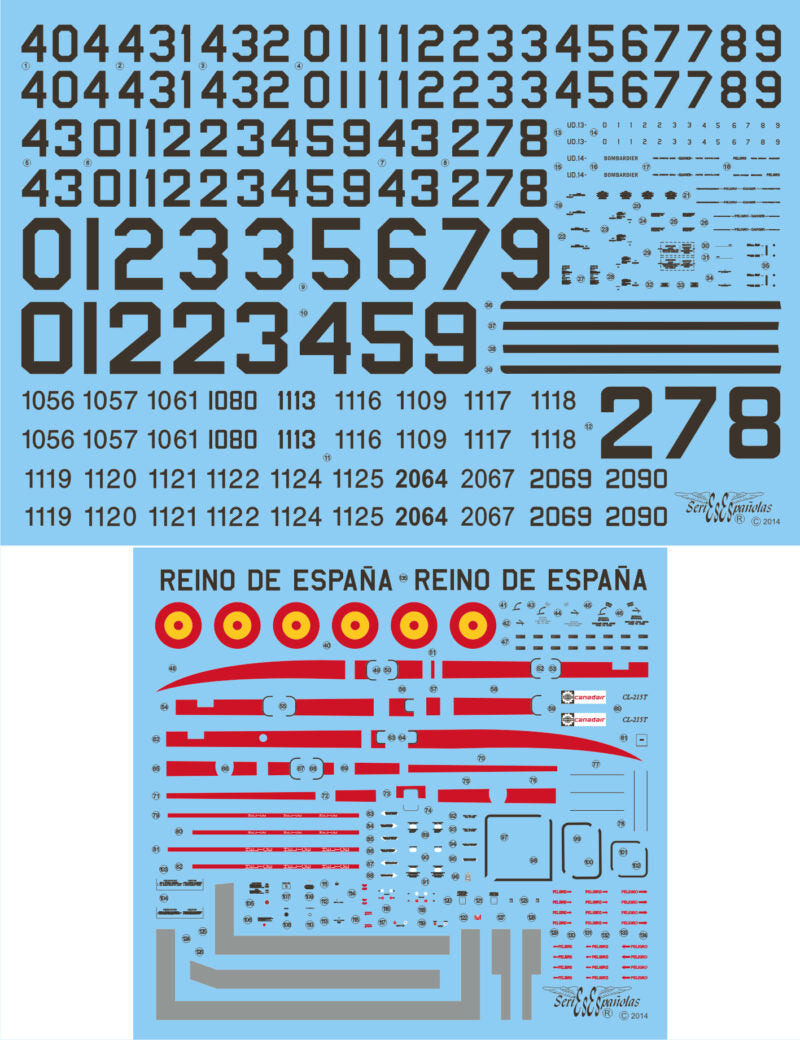 Contenido del set de calcas para hidroavión español Canadair C-215 en escala 1:72 de Series Españolas referencia 1772