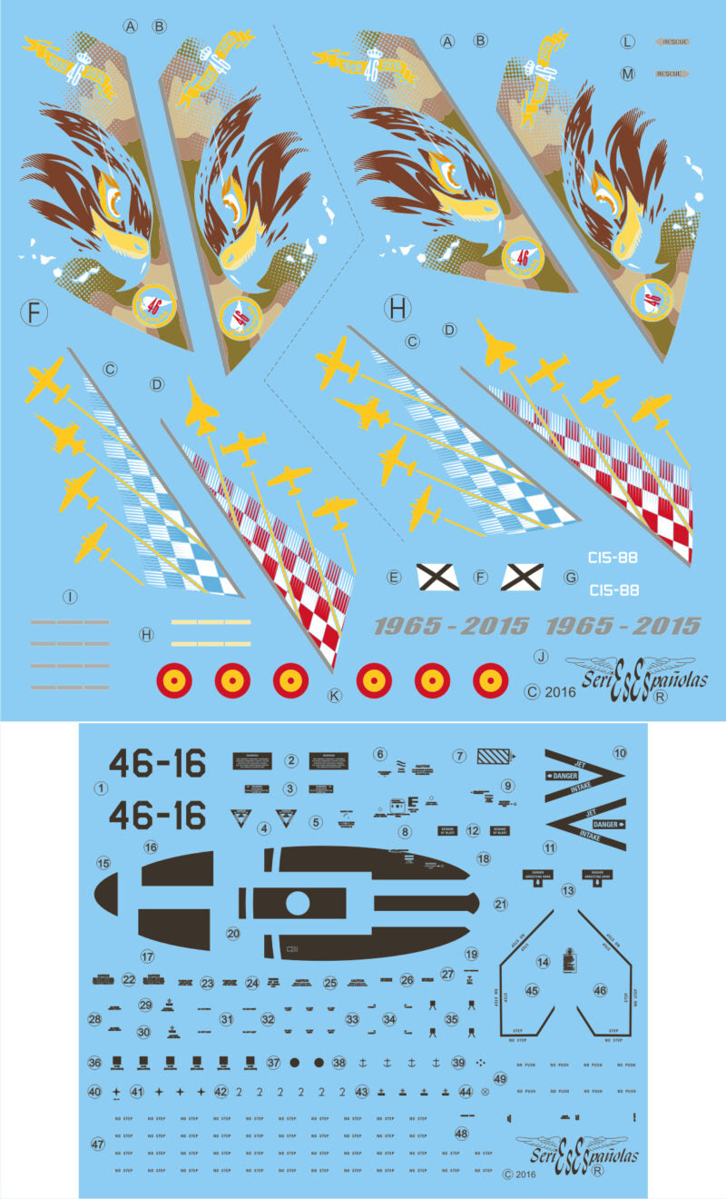 Set de calcas con insignias españolas para las maquetas del avión EF-18A para el 50 aniversario del Ala 46 en escala 1:72 de Series Españolas con referencia SE3472