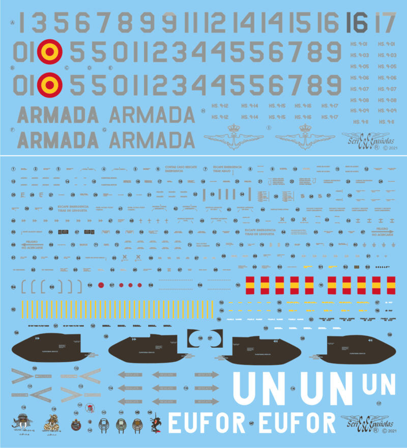 Set de calcas con insignias españolas  para las maquetas del helicóptero SH-3D/H Sea King de la 5ª Escuadrilla de la Armada en escala 1:48 de Series Españolas con referencia SE3148