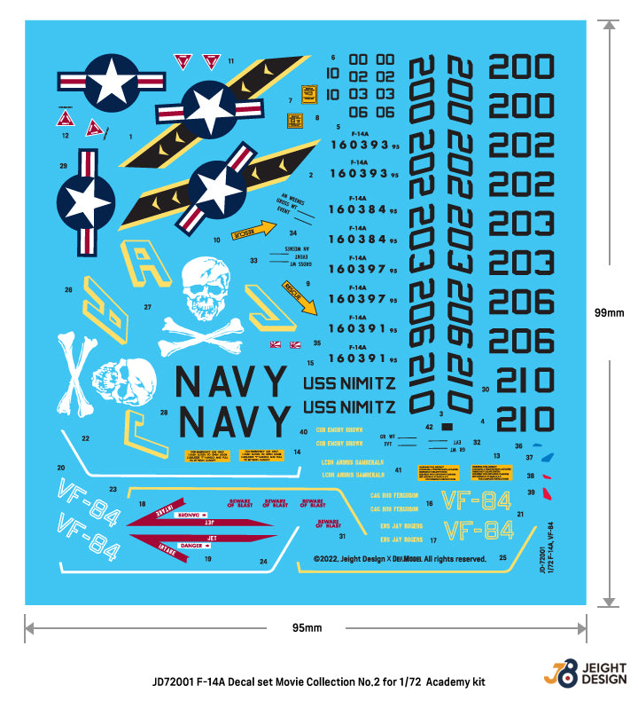 Detalle del set de calcas para caza F-14 A de los Jolly Rogers en escala 1:72 del fabricante Def Model referencia JD72001