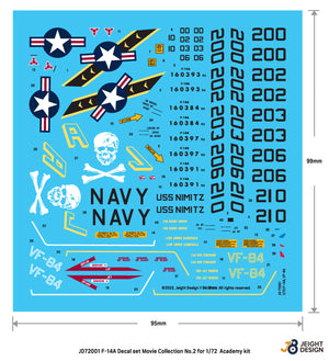Detalle del set de calcas para caza F-14 A de los Jolly Rogers en escala 1:72 del fabricante Def Model referencia JD72001