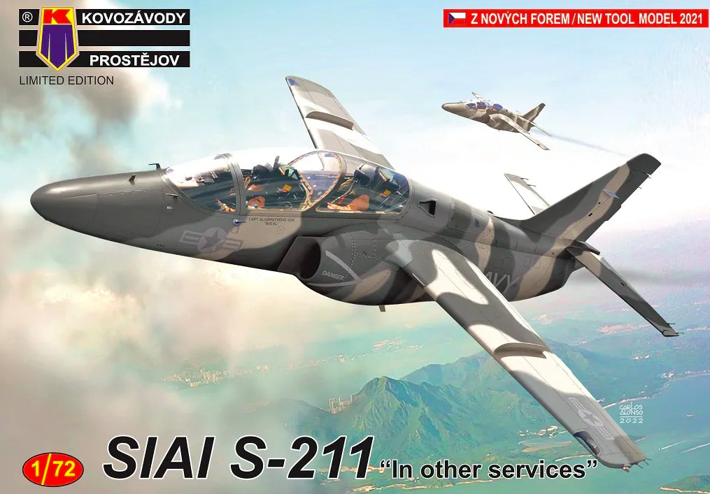 Portada de la caja de la maqueta del caza italiano SIAI S.211 en escala 1:72 del fabricante Kovozavody Prostejov referencia 72347 