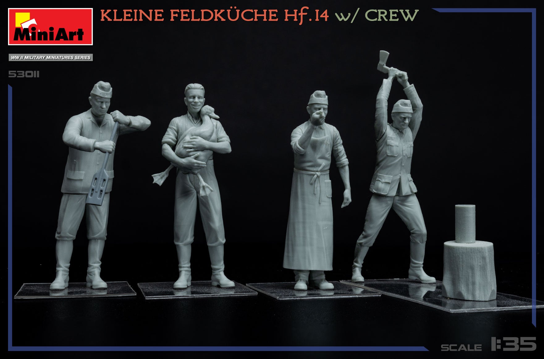 Vista frontal de las figuras de la cocina de campaña alemana Hf.14 con cocineros en escala 1:35 de Miniart referencia 53011