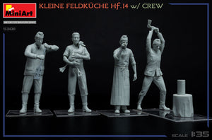 Vista frontal de las figuras de la cocina de campaña alemana Hf.14 con cocineros en escala 1:35 de Miniart referencia 53011