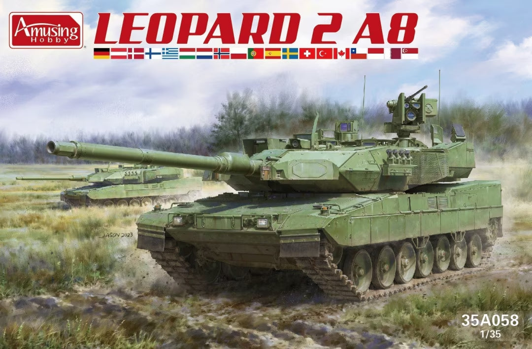 Portada de la caja de la maqueta del carro de combate Leopard 2 A8 en escala 1:35 de Amusing Hobby referencia 35A058