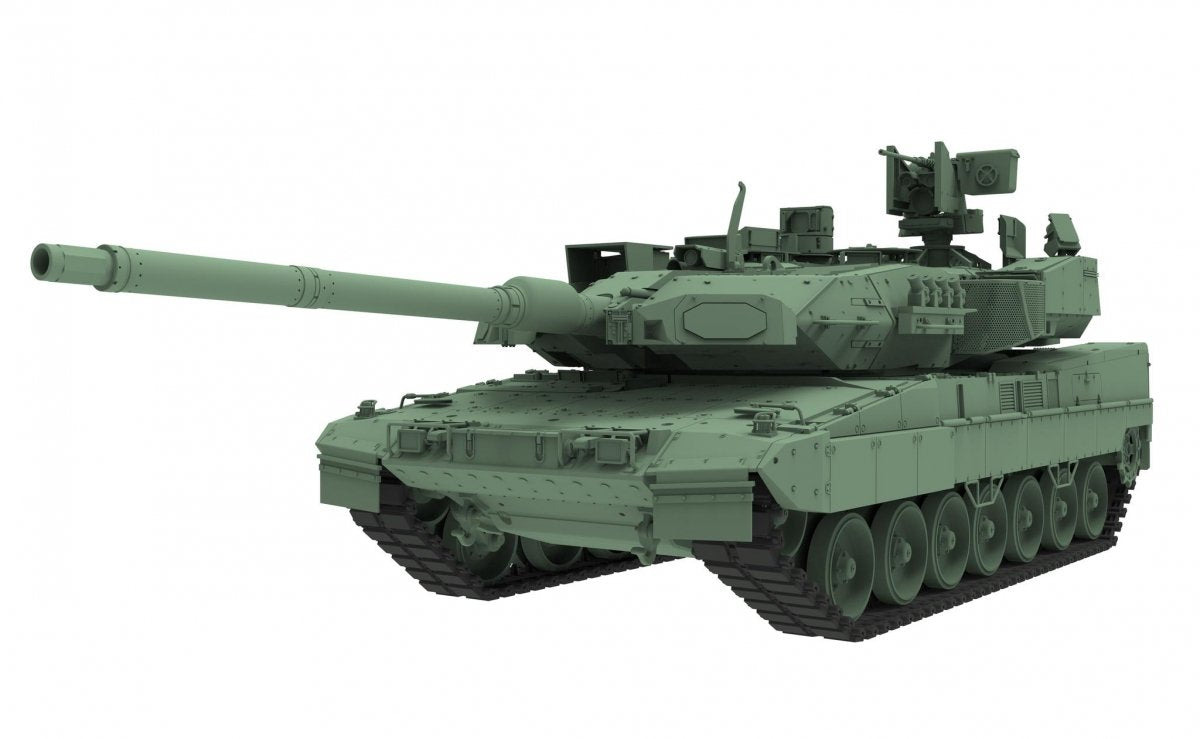 Vista frontal izquierda de la maqueta del carro de combate Leopard 2 A8 en escala 1:35 de Amusing Hobby referencia 35A058