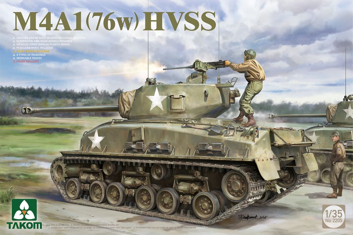 Portada de la caja de la maqueta del tanque norteamericano M4A1 (76w) HVSS Sherman en escala 1:35 de Takom referencia 2205