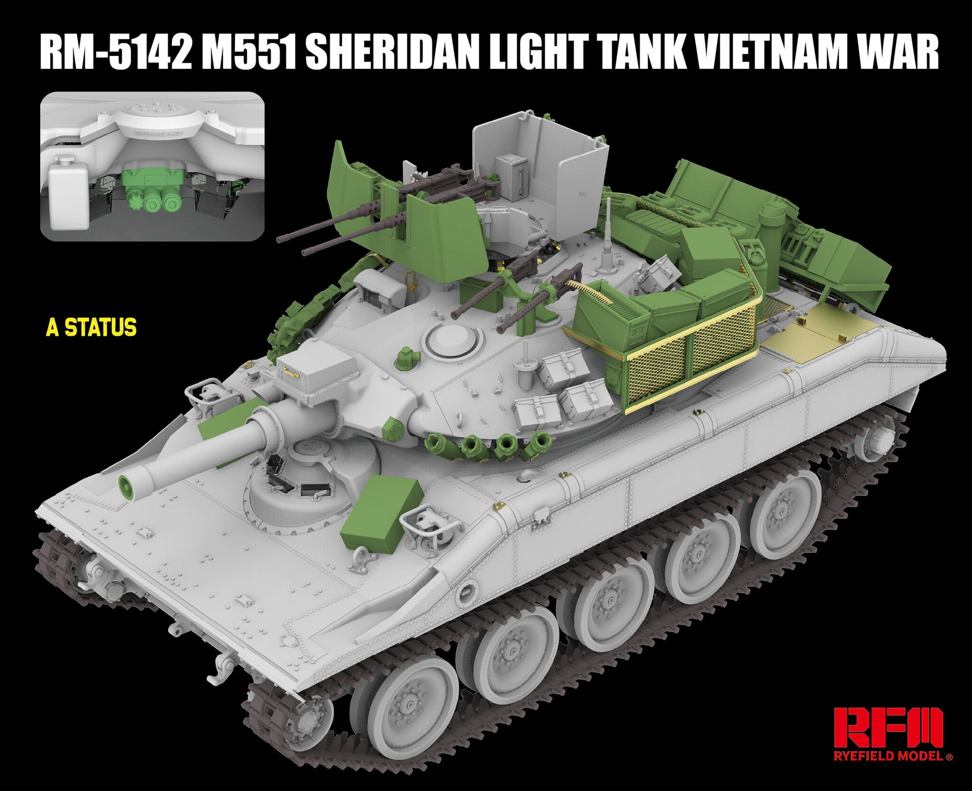 Vista delantera de la configuración A de la maqueta del carro norteamericano M551 Sheridan durante la Guerra de Vietnam en escala 1:35 del fabricante RFM y referencia 5142