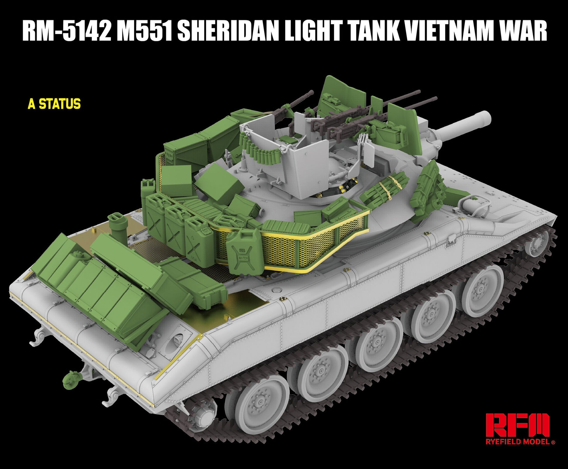Vista trasera de la configuración A de la maqueta del carro norteamericano M551 Sheridan durante la Guerra de Vietnam en escala 1:35 del fabricante RFM y referencia 5142