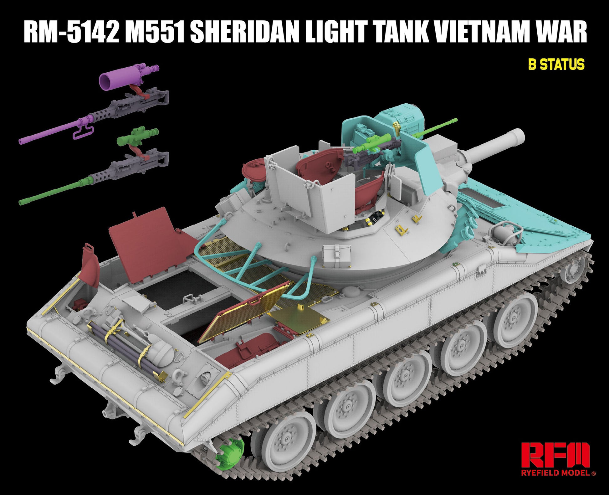 Vista trasera de la configuración B de la maqueta del carro norteamericano M551 Sheridan durante la Guerra de Vietnam en escala 1:35 del fabricante RFM y referencia 5142