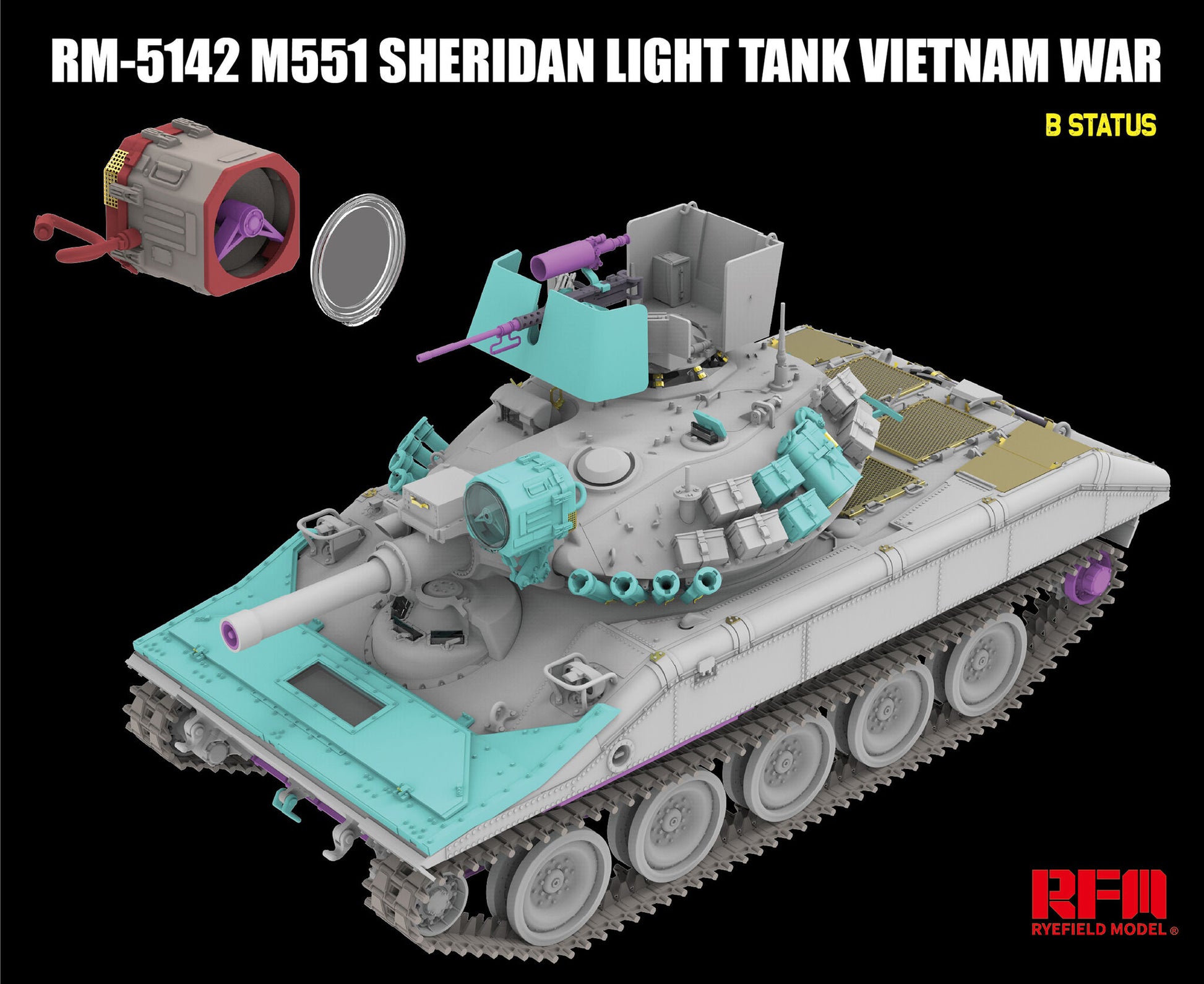Vista delantera de la configuración A de la maqueta del carro norteamericano M551 Sheridan durante la Guerra de Vietnam en escala 1:35 del fabricante RFM y referencia 5142